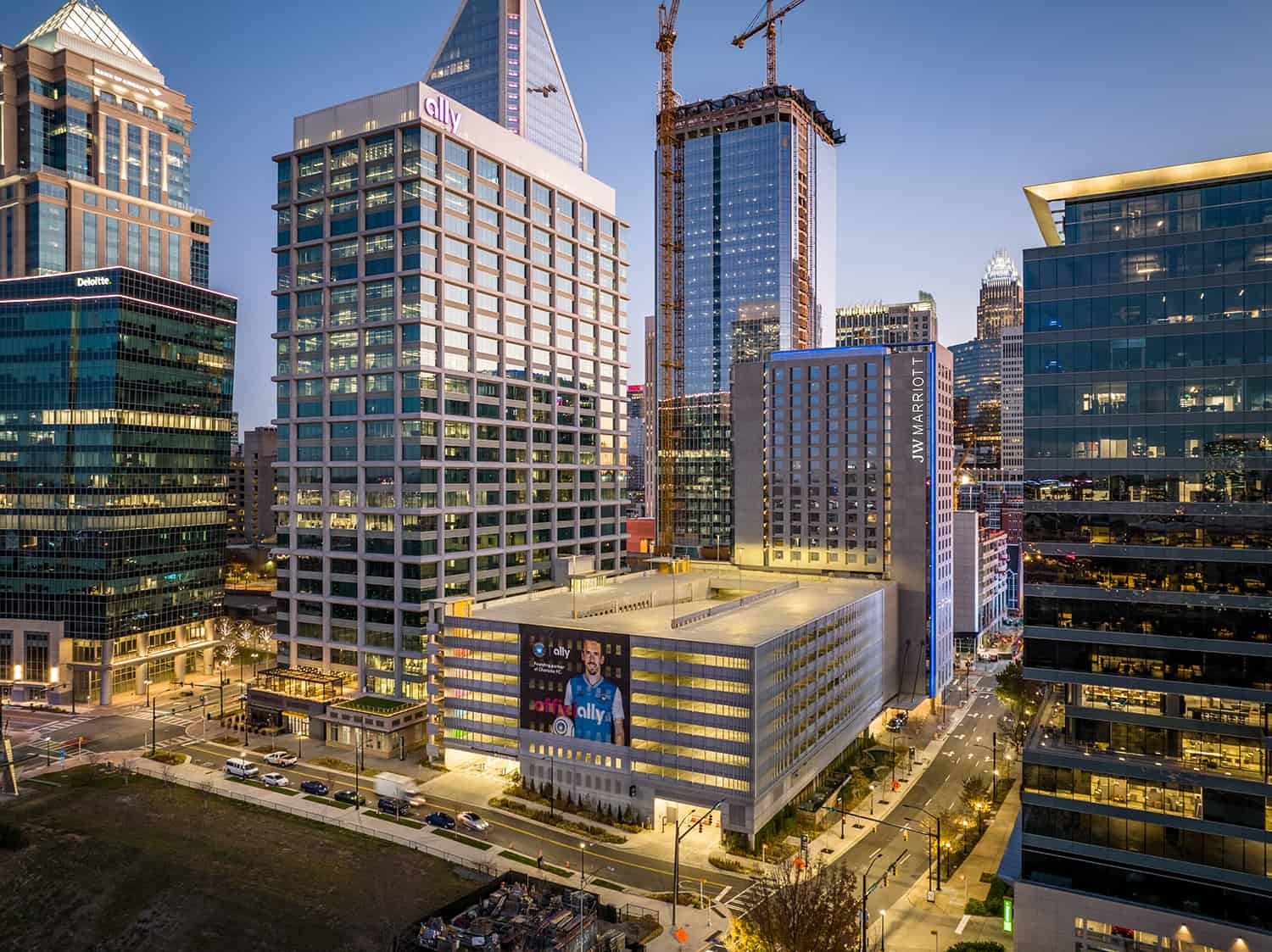 Wide photograph of Ally building in Uptown Charlotte