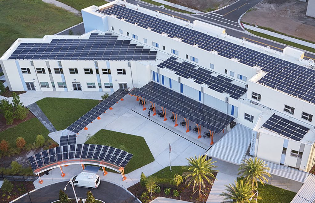 Photograph of building with solar panels